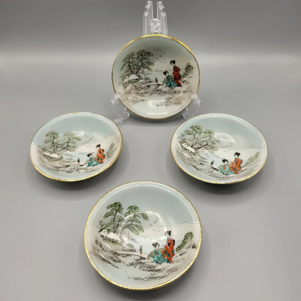 Vtg Japan Small Bowls Geisha Women Handpainted Birds Bridge Beautiful Lot of 4